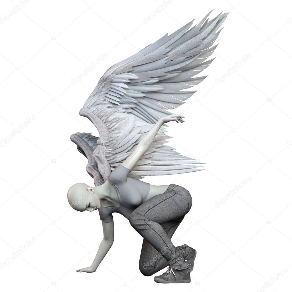 Fallen Angel with White Wings Caucasian Woman on Isolated White Background, 3D illustration, 3D Rendering