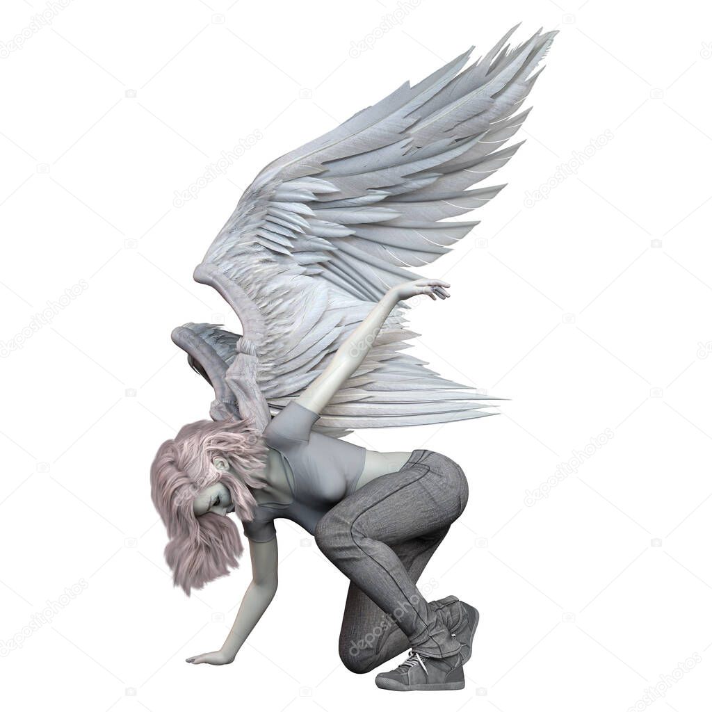 Fallen Angel with White Wings Caucasian Woman on Isolated White Background, 3D illustration, 3D Rendering