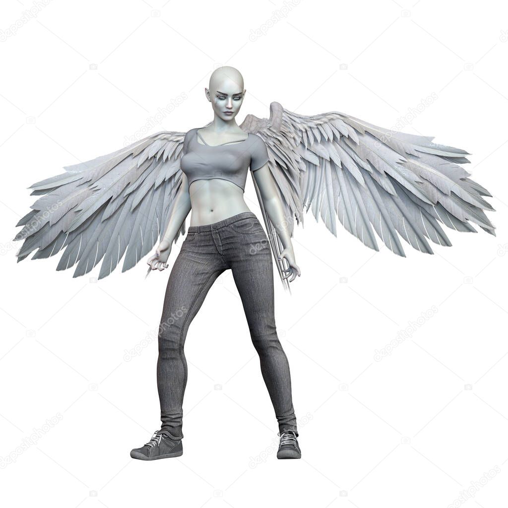 Fallen Angel with White Wings Caucasian Woman on Isolated White Background, 3D illustration, 3D Rendering