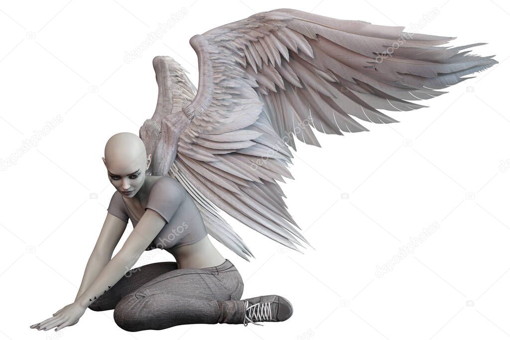 Fallen Angel with White Wings Caucasian Woman on Isolated White Background, 3D illustration, 3D Rendering