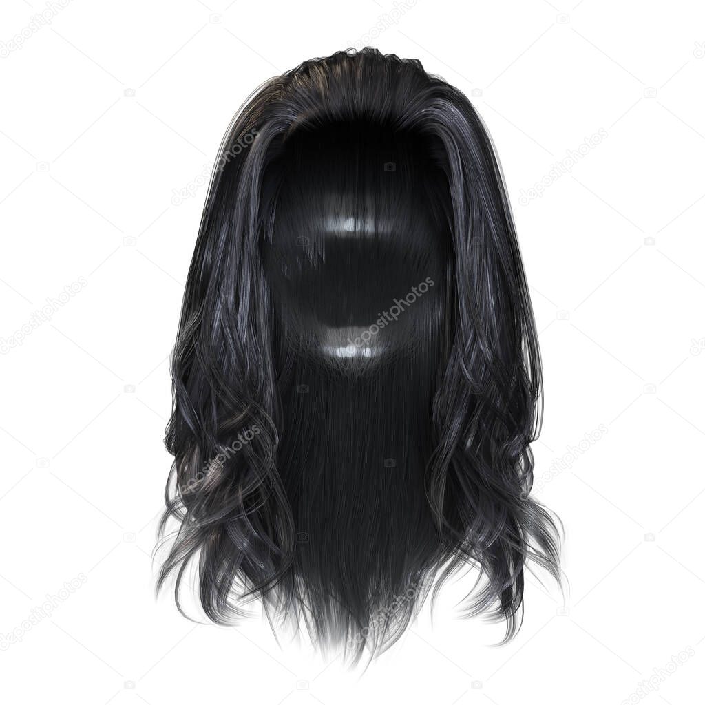 3d render, 3d illustration, fantasy long hair on isolated white background