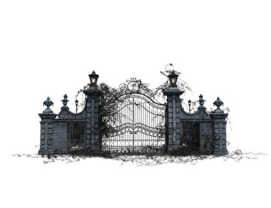 Fantezi Akademisi Wrought-Iron Gate, 3 boyutlu illüstrasyon, 3 boyutlu çizim