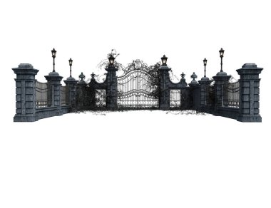 Fantezi Akademisi Wrought-Iron Gate, 3 boyutlu illüstrasyon, 3 boyutlu çizim
