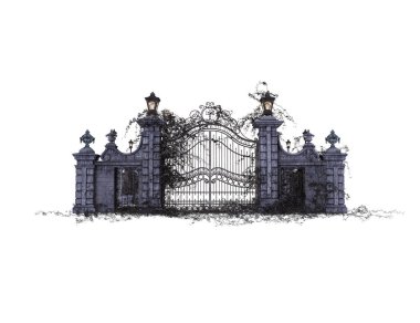 Fantezi Akademisi Wrought-Iron Gate, 3 boyutlu illüstrasyon, 3 boyutlu çizim