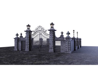 Fantezi Akademisi Wrought-Iron Gate, 3 boyutlu illüstrasyon, 3 boyutlu çizim