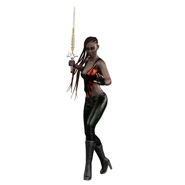 Urban Fantasy Afro Americká Žena Drží Meč Izolovaném Bílém Pozadí — Stock fotografie