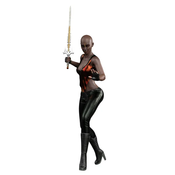 Urban Fantasy Mulher Africano Americana Segurando Espada Fundo Branco Isolado — Fotografia de Stock