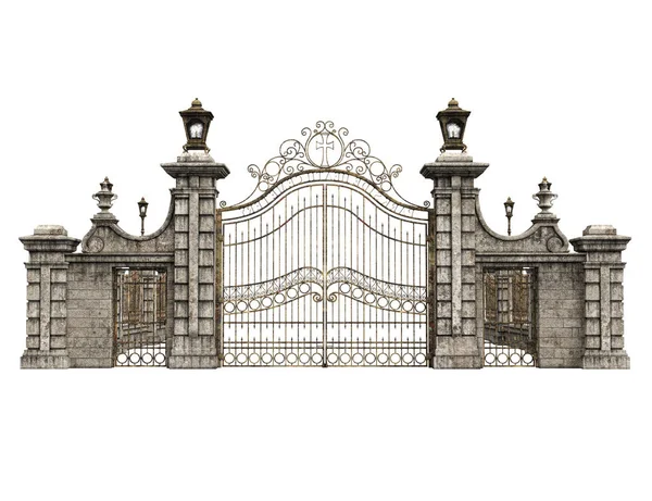 Fantezi Akademisi Wrought-Iron Gate, 3 boyutlu illüstrasyon, 3 boyutlu çizim