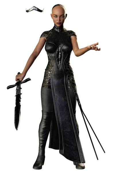 Poc Medieval Fantasy Warrior Mujer Con Espada Sobre Fondo Blanco — Foto de Stock