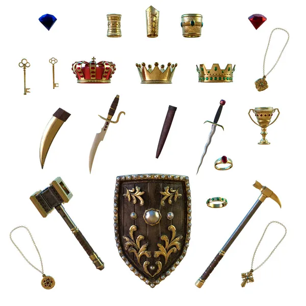 Kolekcja Obiektów Królewskich Ilustracja Rendering — Zdjęcie stockowe