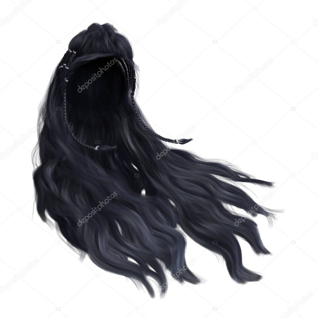 3d render, 3d illustration, fantasy long wavy hair on isolated white background
