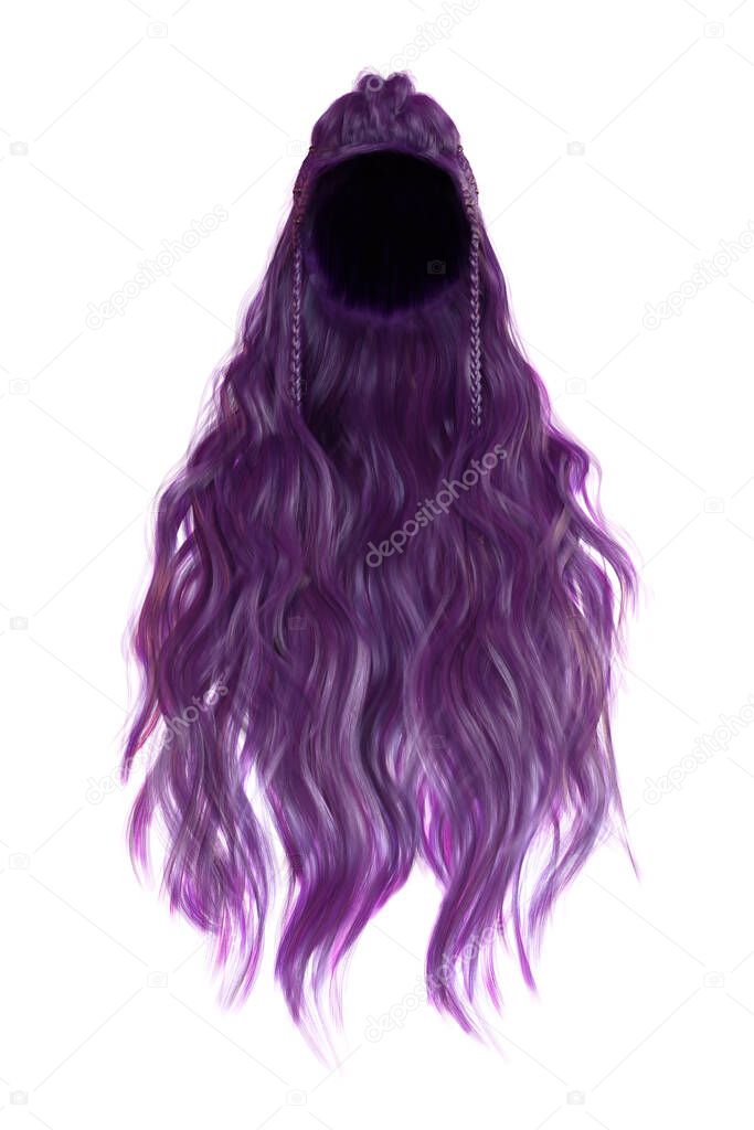 3d render, 3d illustration, fantasy long wavy hair on isolated white background