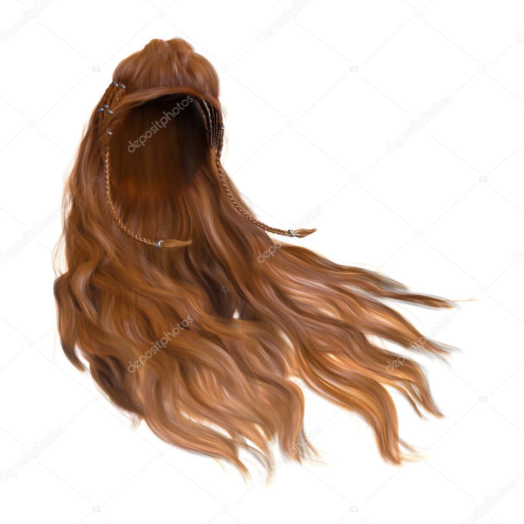 3d render, 3d illustration, fantasy long wavy hair on isolated white background