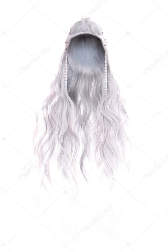 3d render, 3d illustration, fantasy long wavy hair on isolated white background