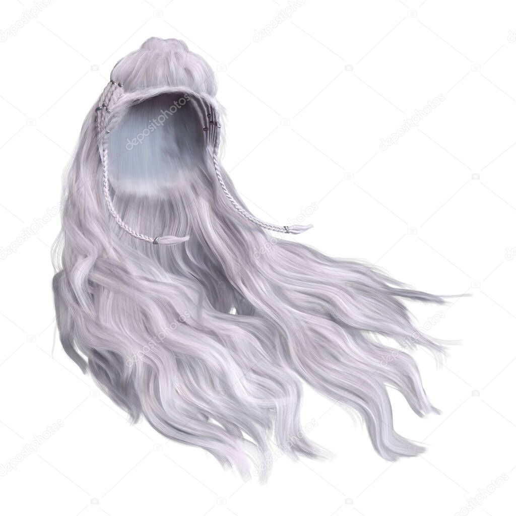 3d render, 3d illustration, fantasy long wavy hair on isolated white background