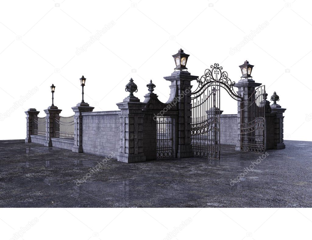 Fantasy Academy Wrought-Iron Gate, 3D illustration, 3D rendering