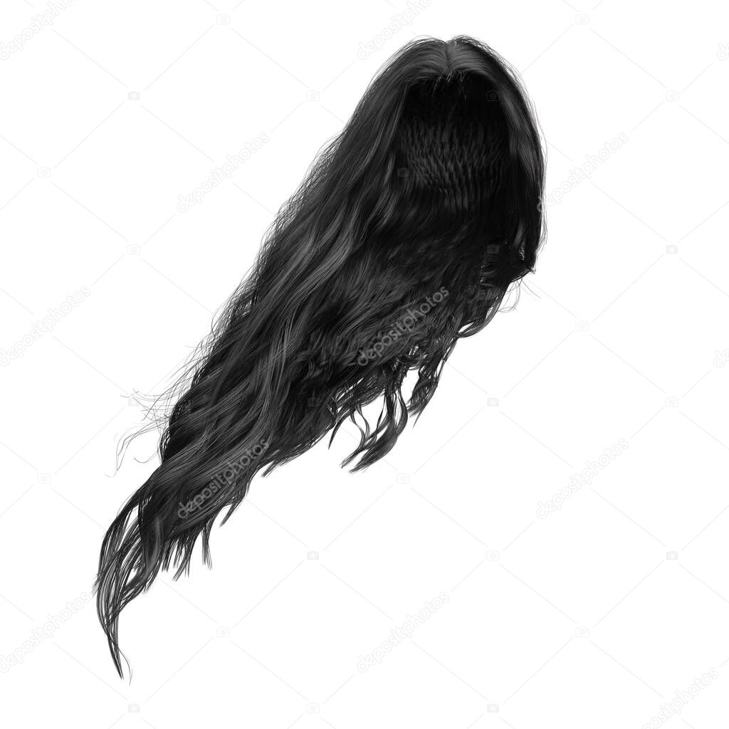 3d render, 3d illustration, fantasy long wavy hair on isolated white background