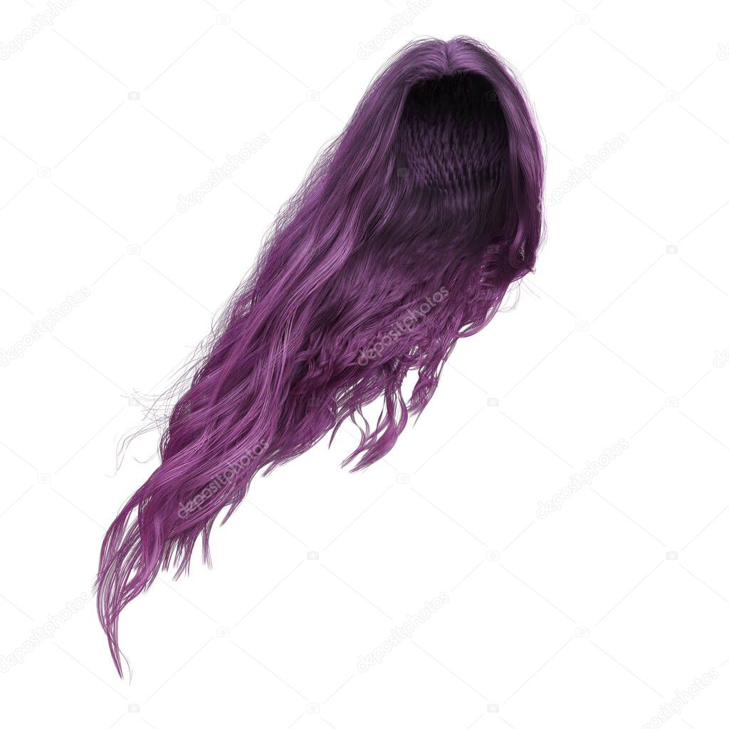 3d render, 3d illustration, fantasy long wavy hair on isolated white background