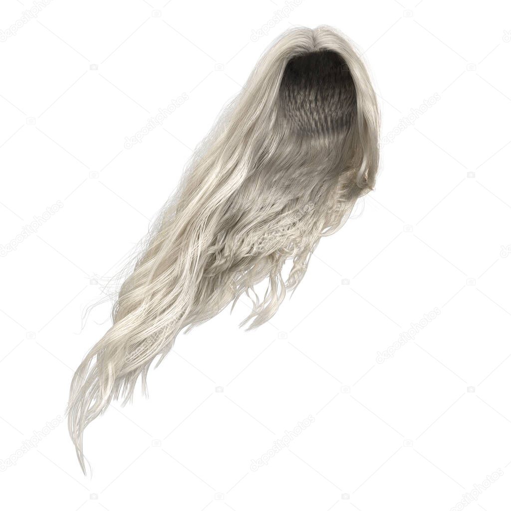 3d render, 3d illustration, fantasy long wavy hair on isolated white background