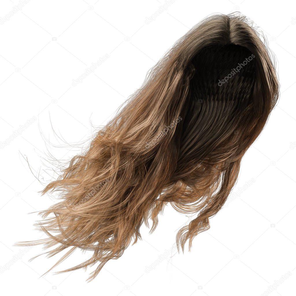 3d render, 3d illustration, fantasy long wavy hair on isolated white background