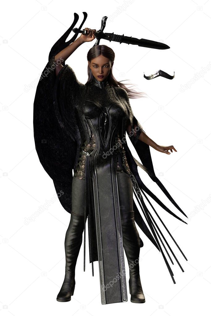 POC Medieval Fantasy Warrior Woman with sword on isolated white background, 3D illustration, 3D Rendering