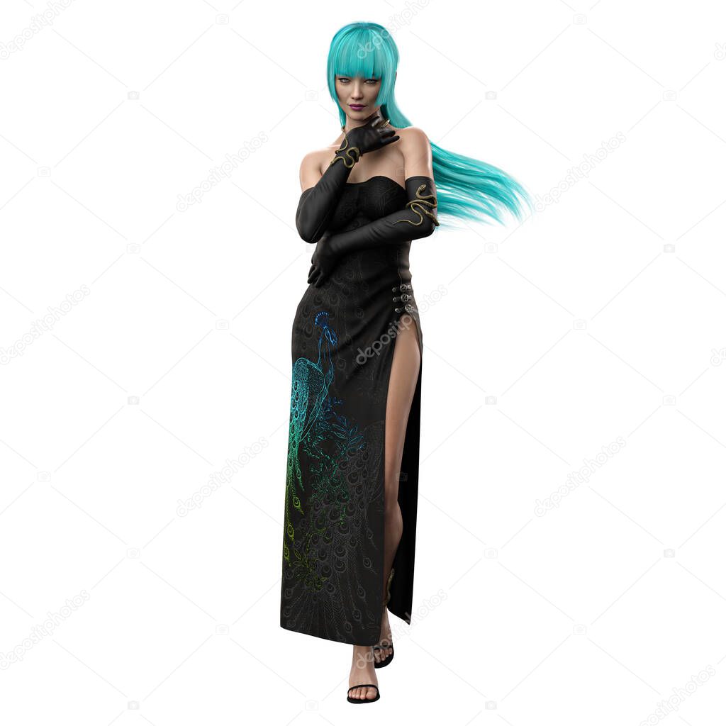 Urban Fantasy Asian Woman on Isolated White Background, 3D Rendering, 3D illustration