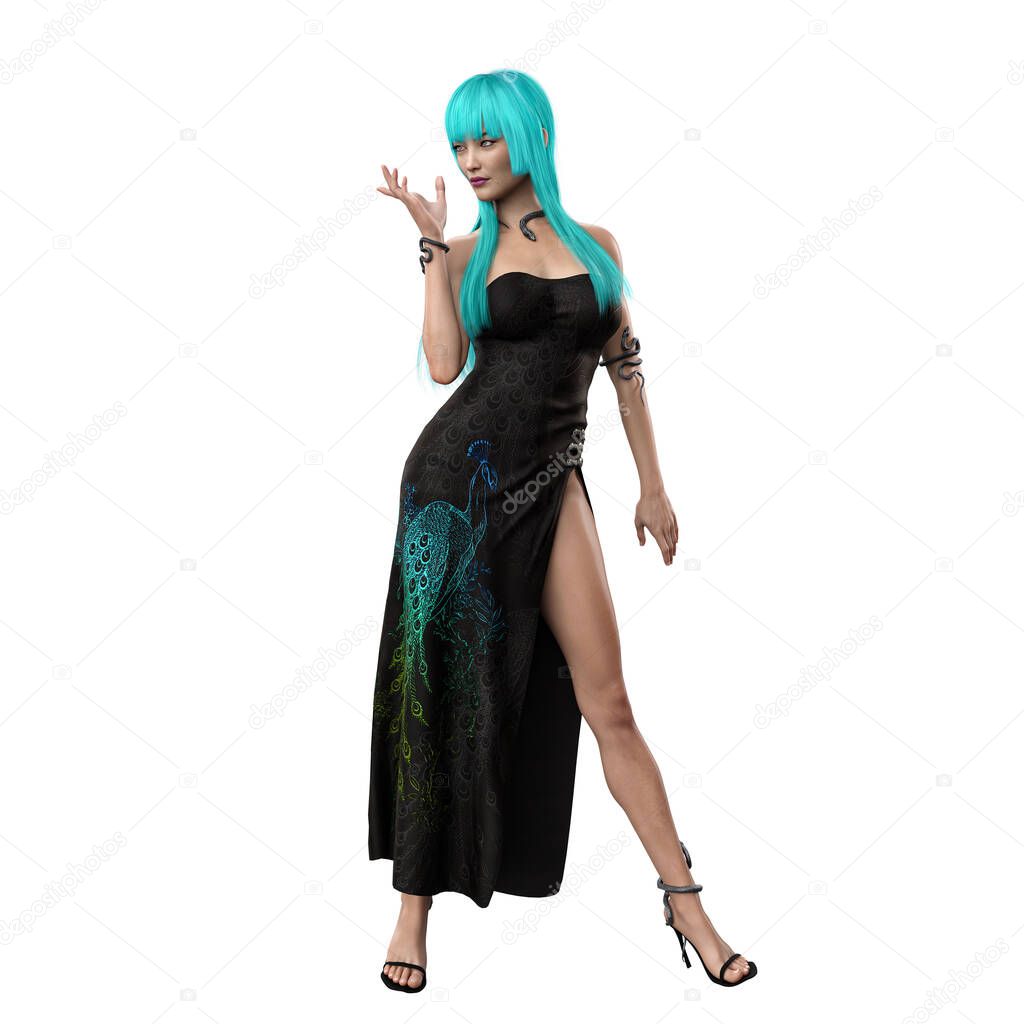 Urban Fantasy Asian Woman on Isolated White Background, 3D Rendering, 3D illustration