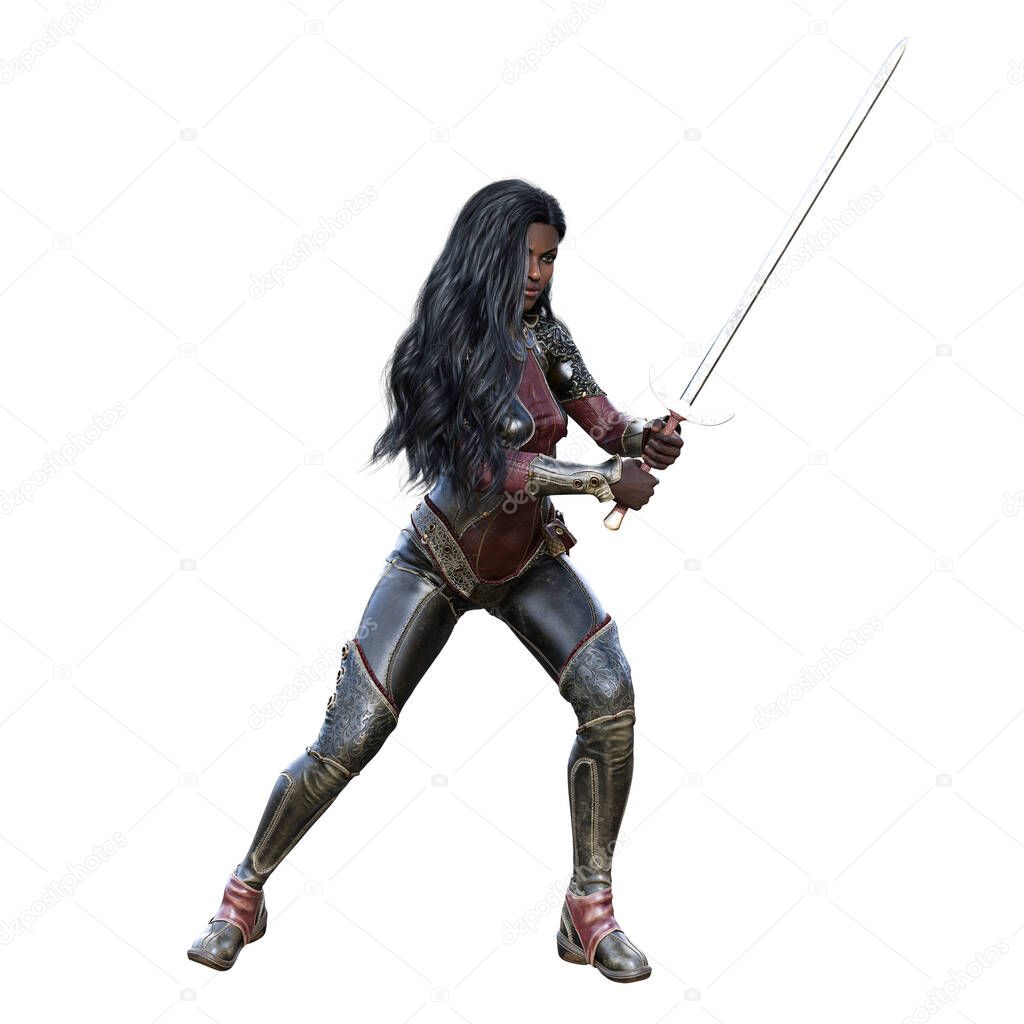 POC Medieval Fantasy Warrior Woman with sword on isolated white background, 3D illustration, 3D Rendering