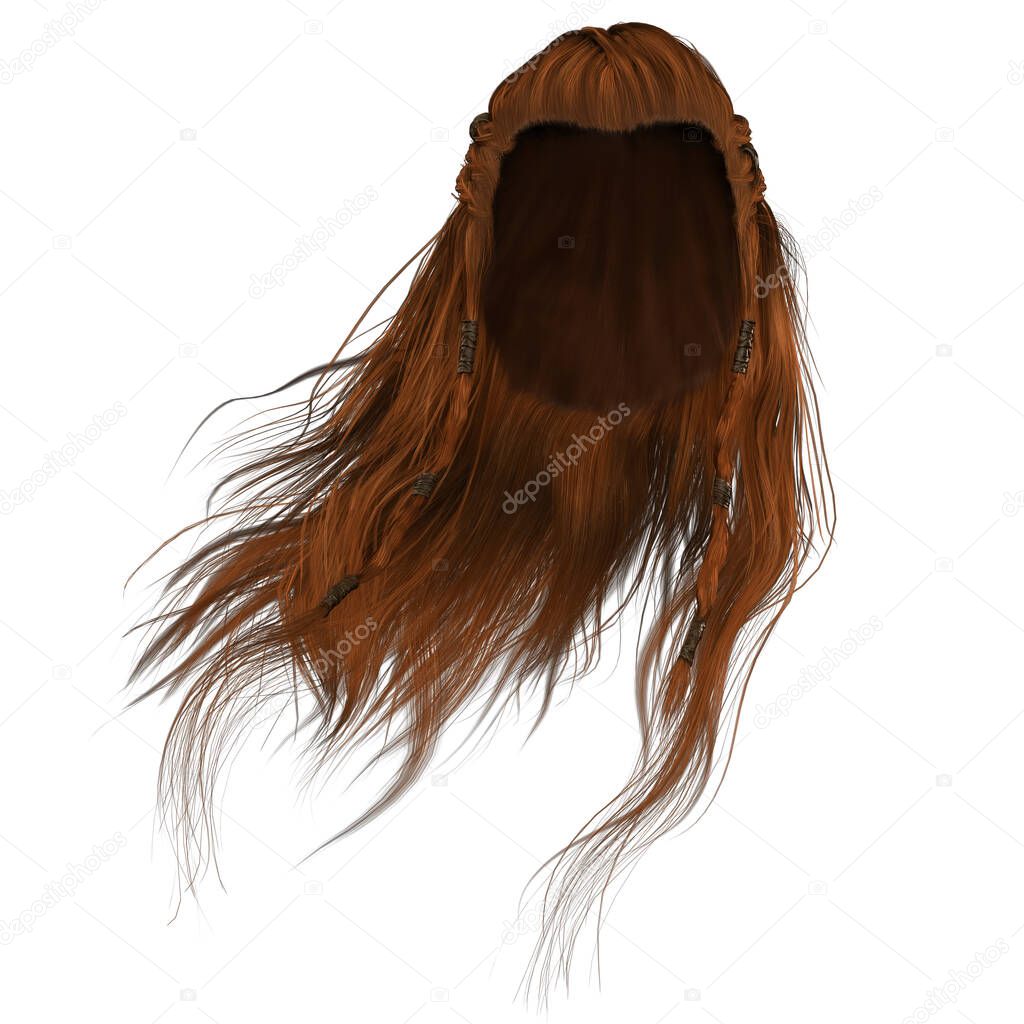 3d render, 3d illustration, fantasy long hair on isolated white background