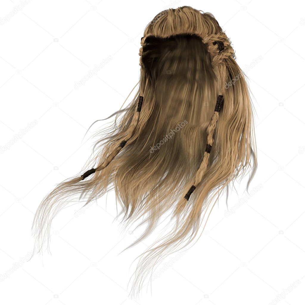 3d render, 3d illustration, fantasy long hair on isolated white background