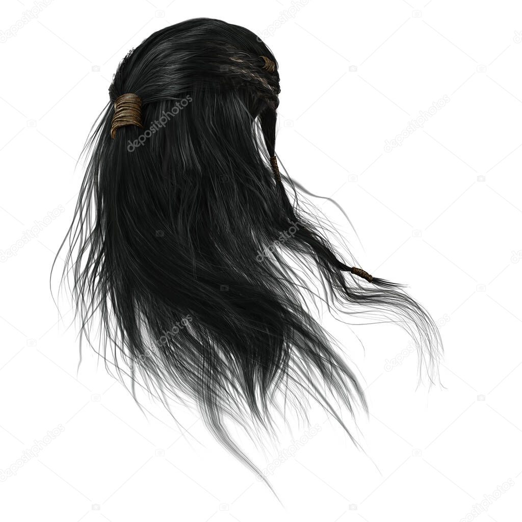 3d render, 3d illustration, fantasy long hair on isolated white background