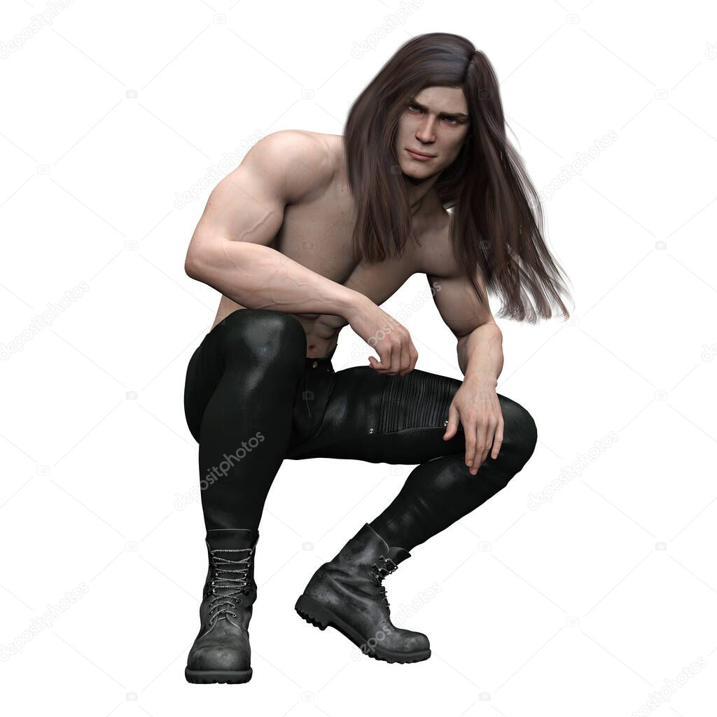 Urban Fantasy Caucasian Man with Long Hair 3D Rendering 3D Illustration