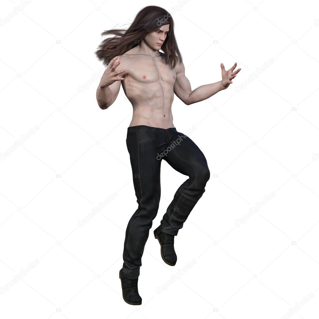 Urban Fantasy Caucasian Man with Long Hair 3D Rendering 3D Illustration