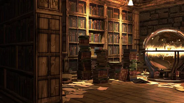 Akademi Binası Kütüphanesi Fantezi Mimarisi, 3D illüstrasyon, 3D canlandırma