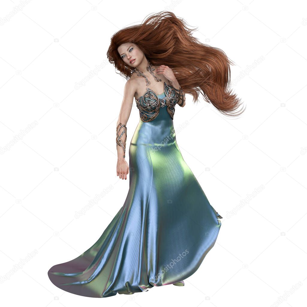 Fashion Icon Woman with Red Hair in Shimmery Blue Dress, 3D Rendering, 3D Illustration