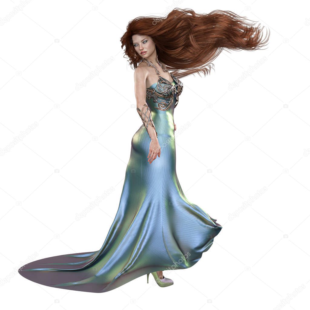 Fashion Icon Woman with Red Hair in Shimmery Blue Dress, 3D Rendering, 3D Illustration