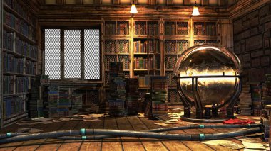 Akademi Binası Kütüphanesi Fantezi Mimarisi, 3D illüstrasyon, 3D canlandırma