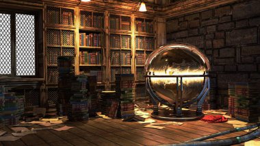Akademi Binası Kütüphanesi Fantezi Mimarisi, 3D illüstrasyon, 3D canlandırma