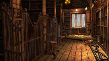 Akademi Binası Kütüphanesi Fantezi Mimarisi, 3D illüstrasyon, 3D canlandırma