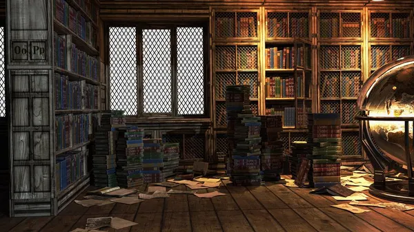 Akademi Binası Kütüphanesi Fantezi Mimarisi, 3D illüstrasyon, 3D canlandırma
