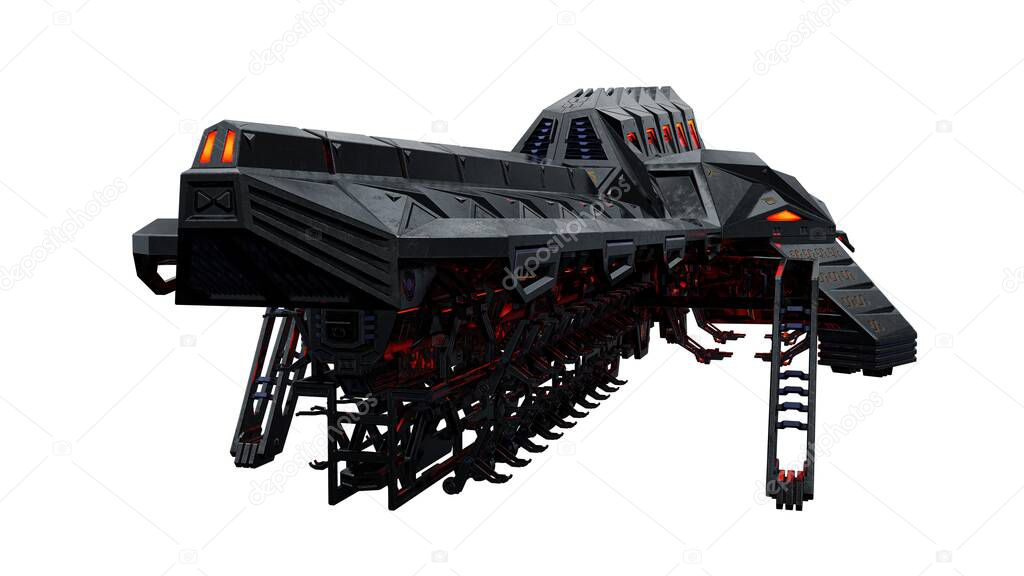 Scifi Spaceship exterior on an isolated white background, 3D illustration, 3D rendering
