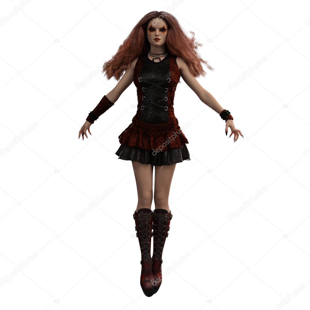 3D illustration, 3D rendering, young witch with runes, black eyes, and long black nails