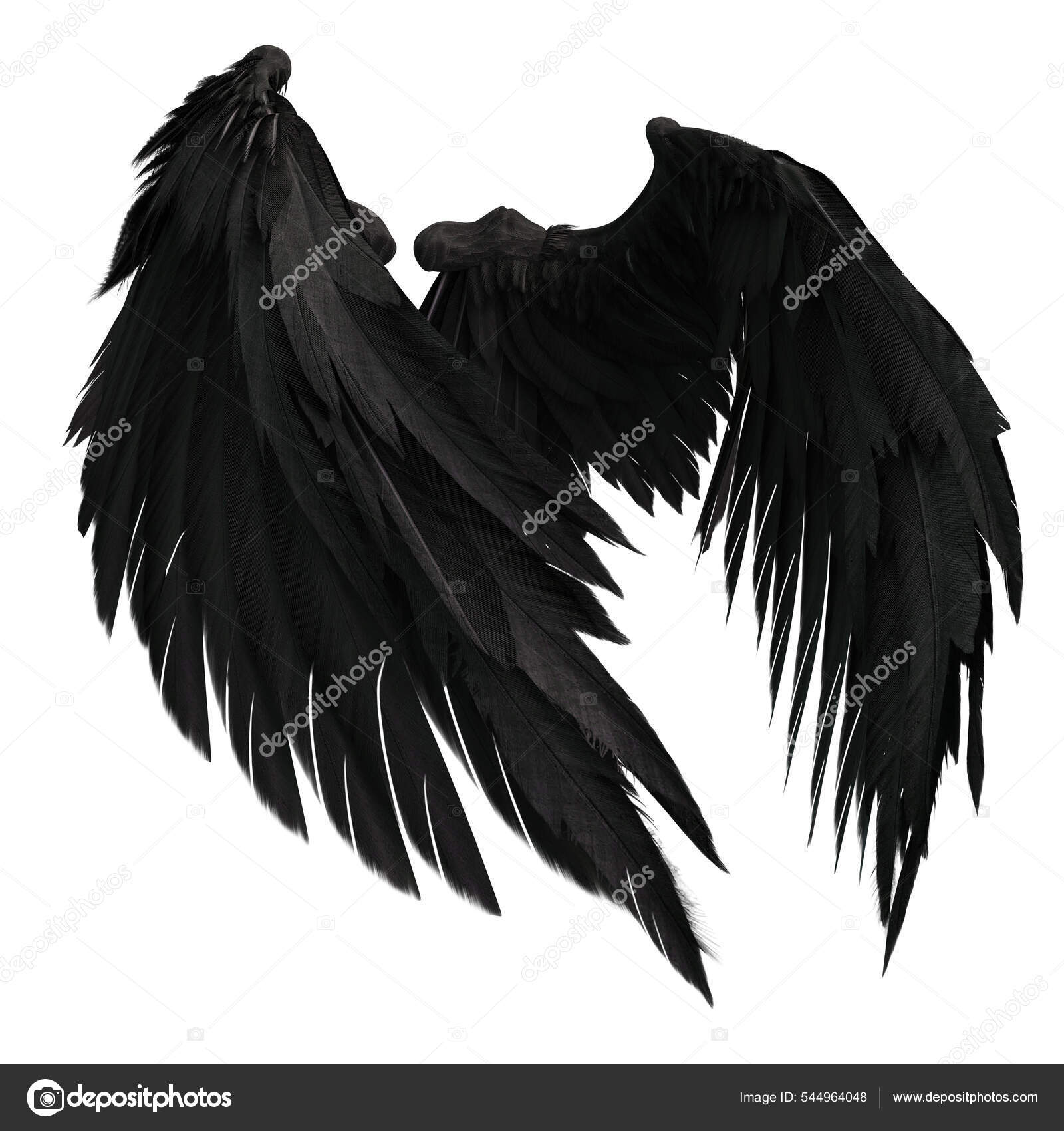 3d Illustration Demon Wings, Black Wing Plumage Isolated on White