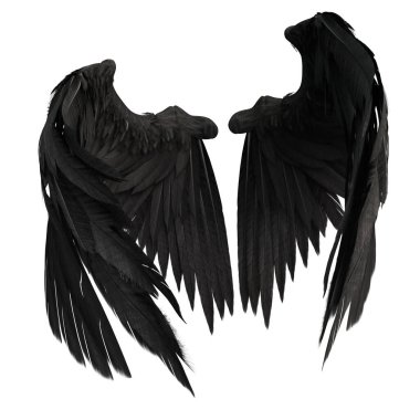 Pair of isolated black angel style wings with 3D feathers on white background, 3D Illustration, 3D Rendering clipart