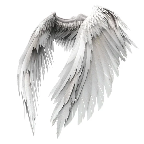 白色背景下带有3D羽毛的独立白色天使翅膀对 3D画图 3D渲染 — 图库照片
