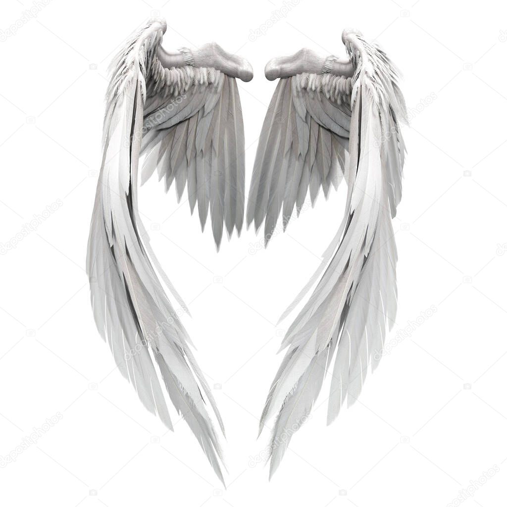 Pair of isolated white angel style wings with 3D feathers on white background, 3D Illustration, 3D Rendering
