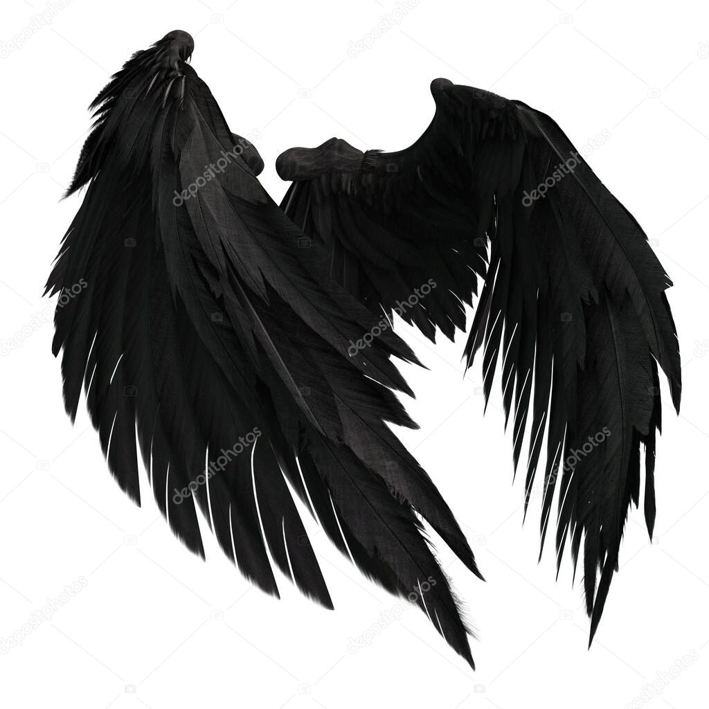 Pair of isolated black angel style wings with 3D feathers on white background, 3D Illustration, 3D Rendering