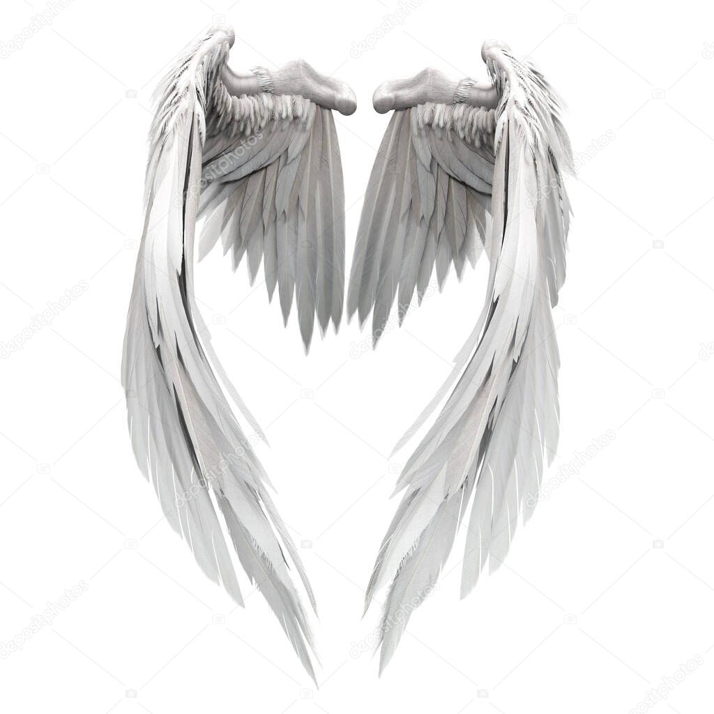 Pair of isolated angel wings with 3D feathers on white background, 3D Illustration, 3D Rendering