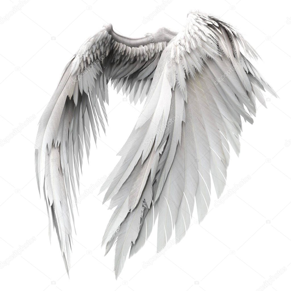 Pair of isolated angel wings with 3D feathers on white background, 3D Illustration, 3D Rendering