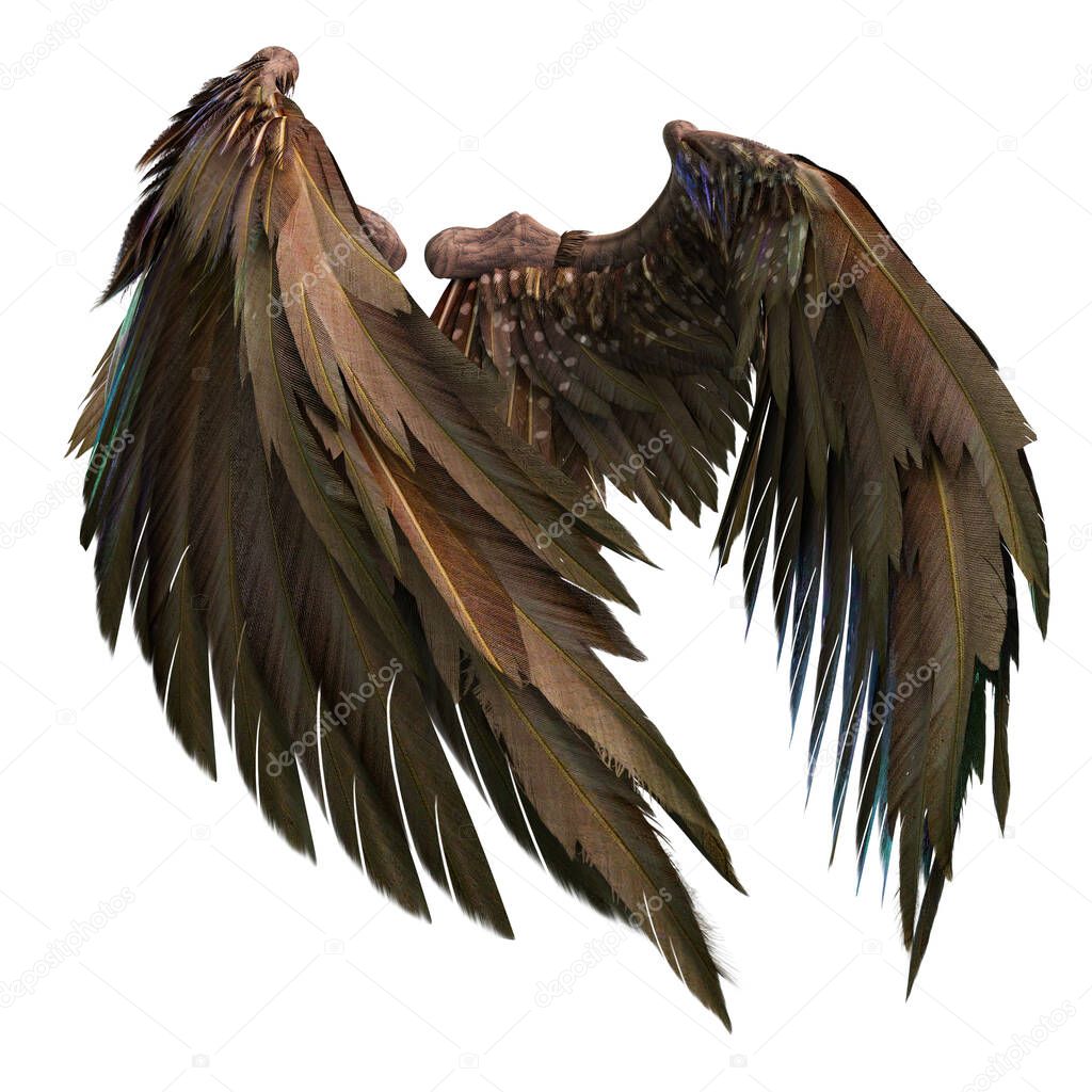 Pair of isolated angel wings with 3D feathers on white background, 3D Illustration, 3D Rendering